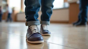 The image shows a child trying on a variety of colorful shoes, highlighting options for finding the best shoe kids selections.